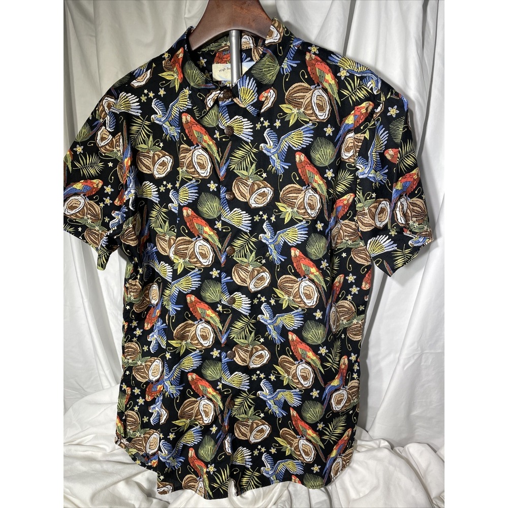 High Surf Island Men's Hawaiian Shirt L Black W/Parrots & Coconuts Floral
